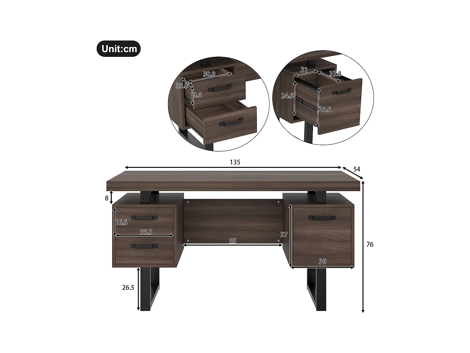 Schreibtisch schlicht 135×54 cm - 3 leise Schubladen - geräumige Arbeitsplatte - braun + schwarz