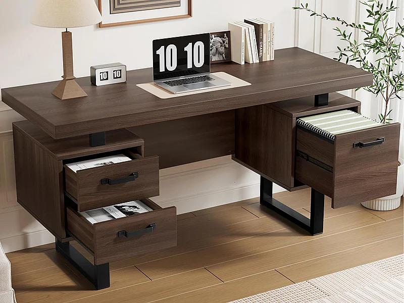 Eenvoudig bureau 135×54 cm - 3 stille laden - ruime werkblad - bruin + zwart