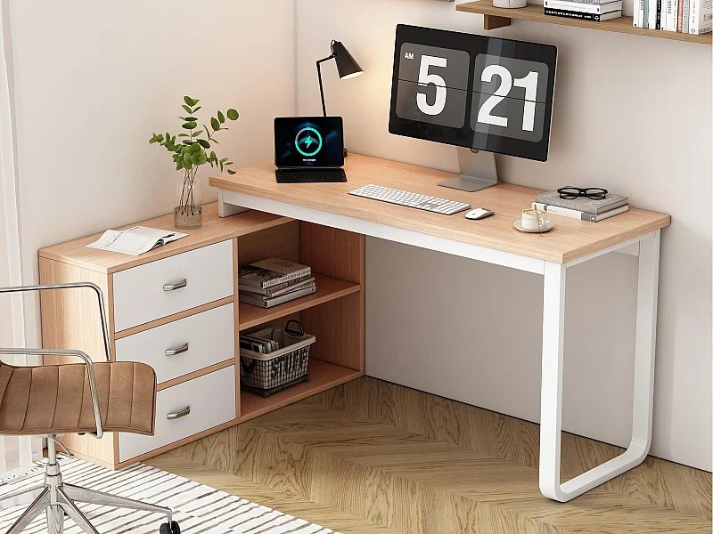 Eenvoudig bureau 147×100×75,3 cm - 3 laden - 2 open vakken - naturel