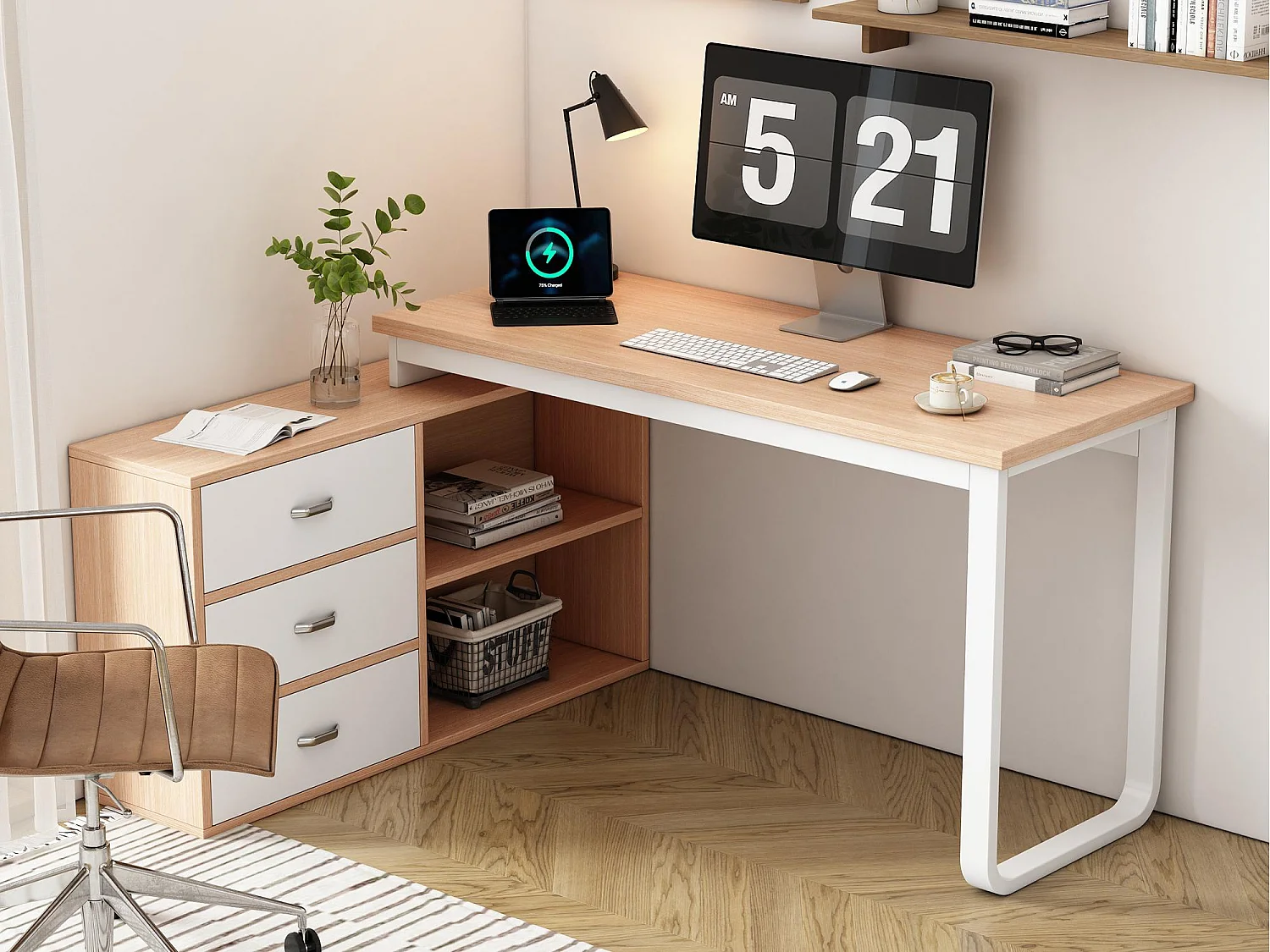 Eenvoudig bureau 147×100×75,3 cm - 3 laden - 2 open vakken - naturel