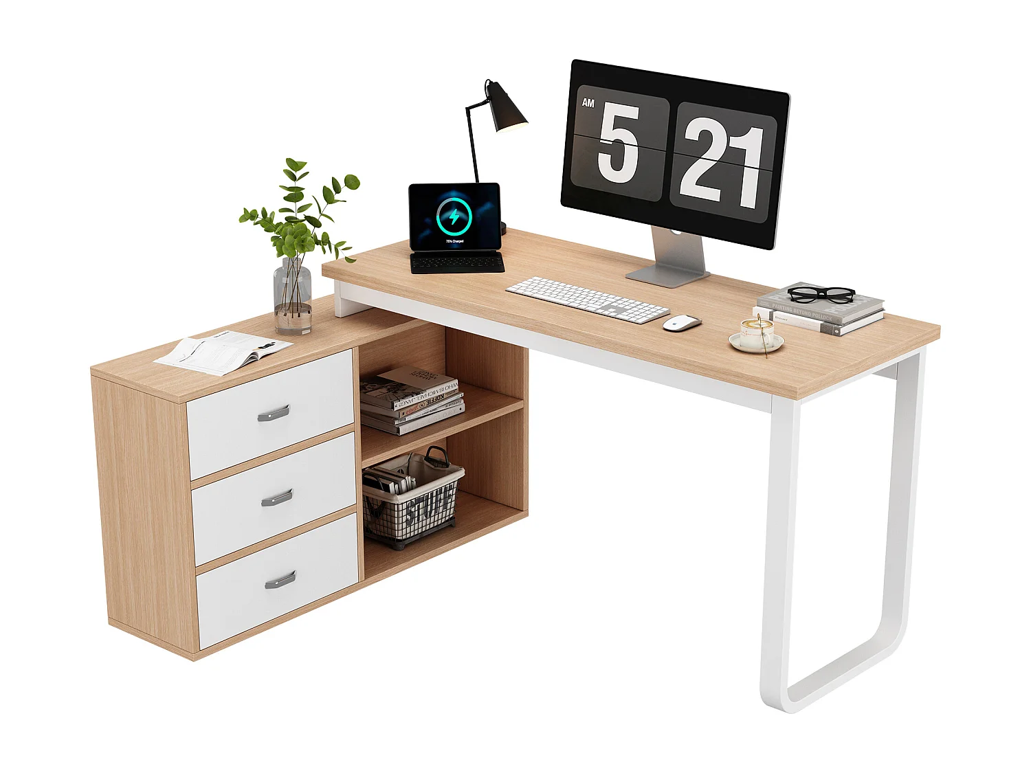 Bureau simple 147x100x75.3cm - 3 tiroirs - 2 compartiments ouverts - naturel