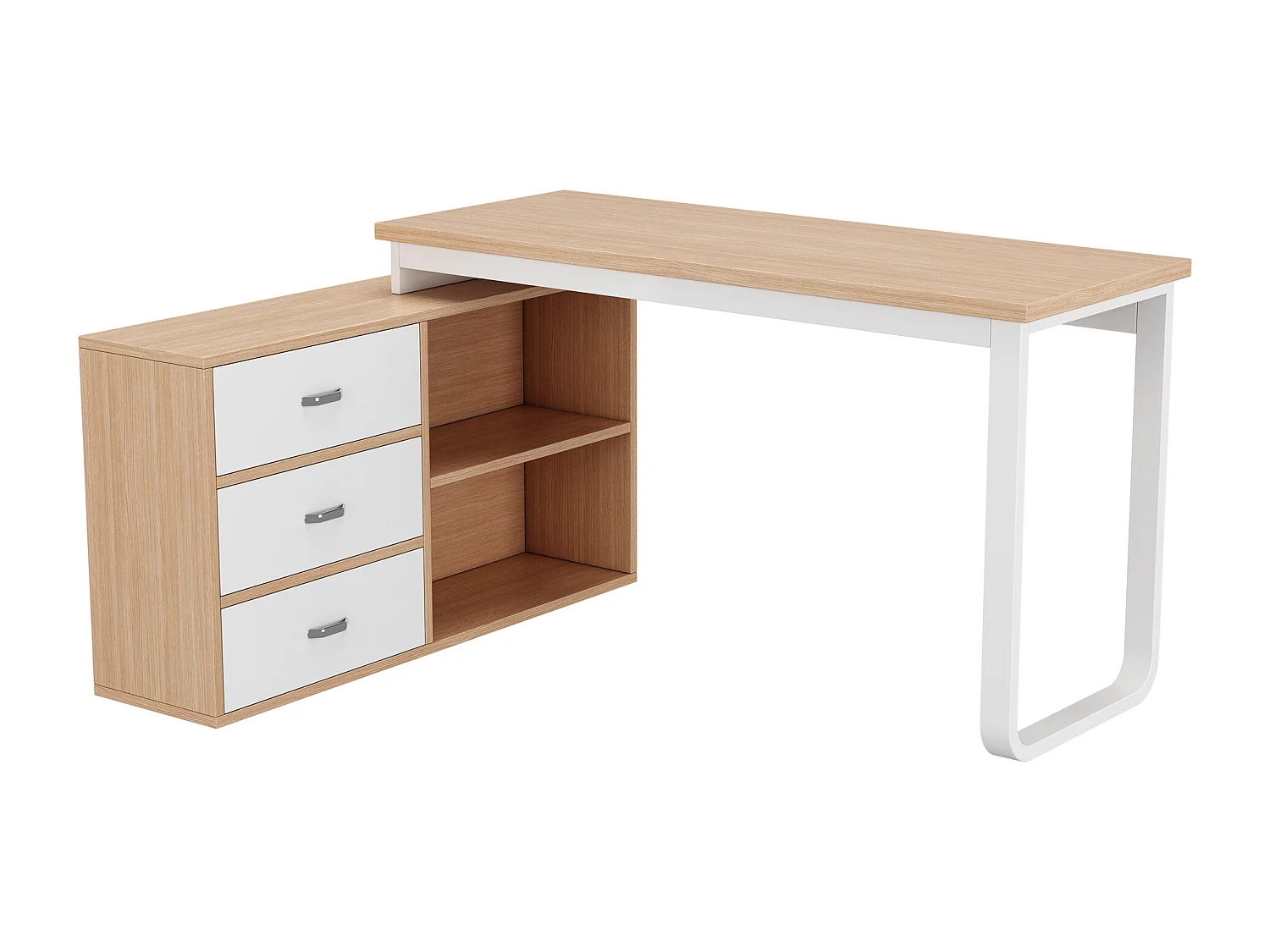 Bureau simple 147x100x75.3cm - 3 tiroirs - 2 compartiments ouverts - naturel