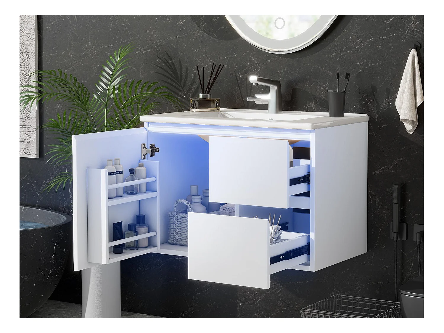 Meuble de salle de bain suspendus avec une vasque en céramique - avec LED - avec 1 porte et 2 tiroirs - blanc(robinet non inclus)