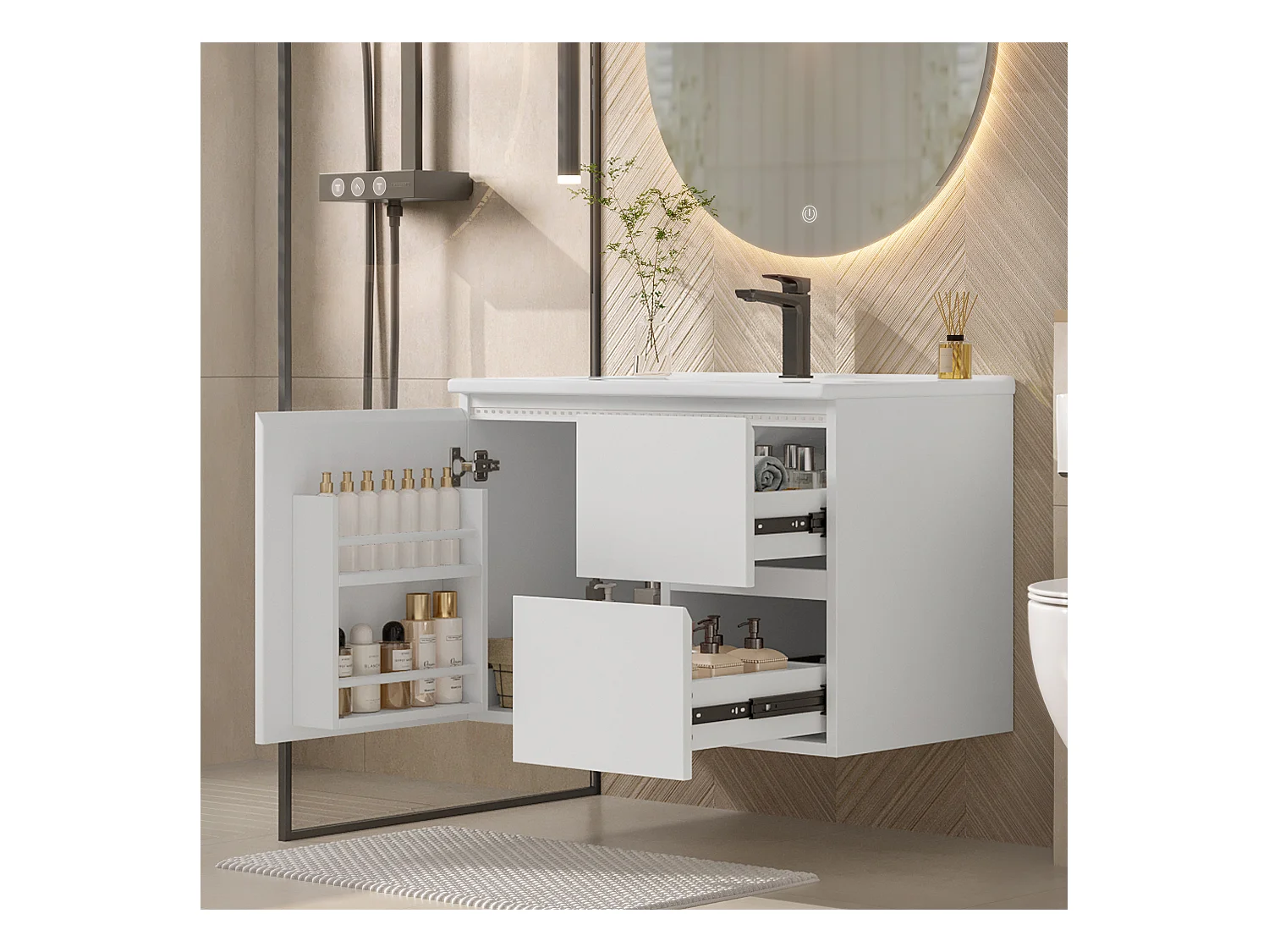 Meuble de salle de bain suspendus avec une vasque en céramique - avec LED - avec 1 porte et 2 tiroirs - blanc(robinet non inclus)