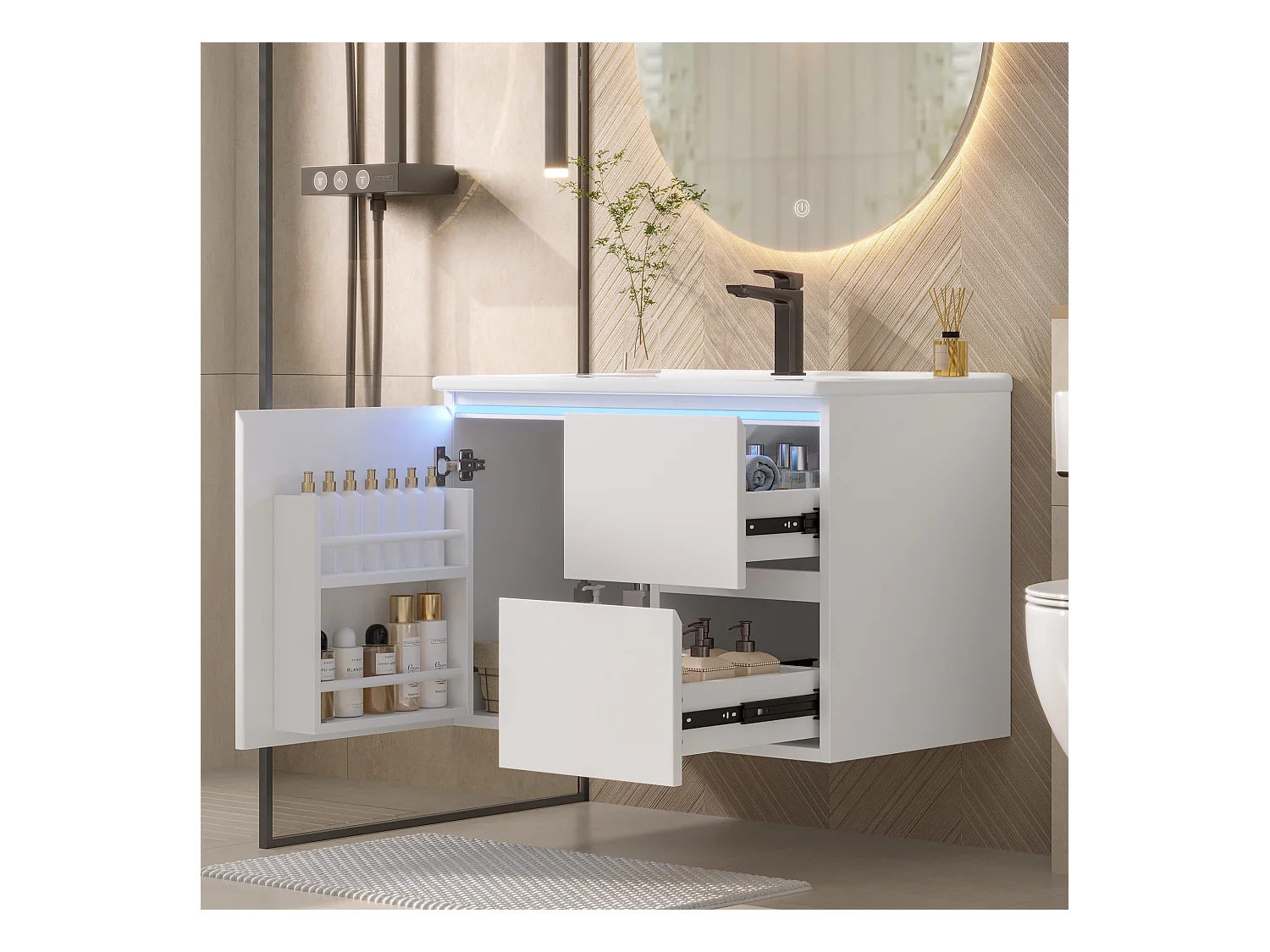 Meuble de salle de bain suspendus avec une vasque en céramique - avec LED - avec 1 porte et 2 tiroirs - blanc(robinet non inclus)