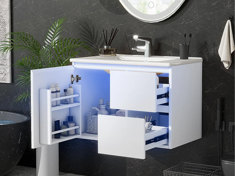 Meuble de salle de bain suspendus avec une vasque en céramique - avec LED - avec 1 porte et 2 tiroirs - blanc(robinet non inclus)