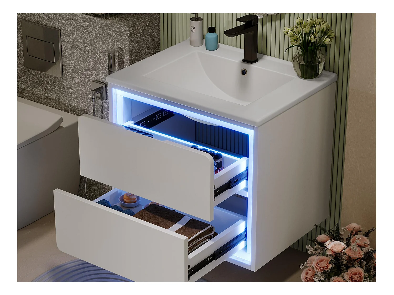 Meuble de salle de bain suspendus avec une vasque en céramique - éclairage LED par capteur radar - 2 tiroirs - blanc(robinet non inclus)