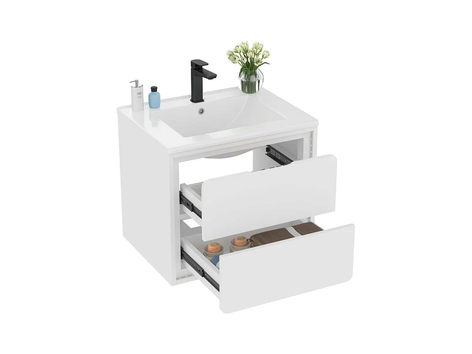 Meuble de salle de bain suspendus avec une vasque en céramique - éclairage LED par capteur radar - 2 tiroirs - blanc(robinet non inclus)