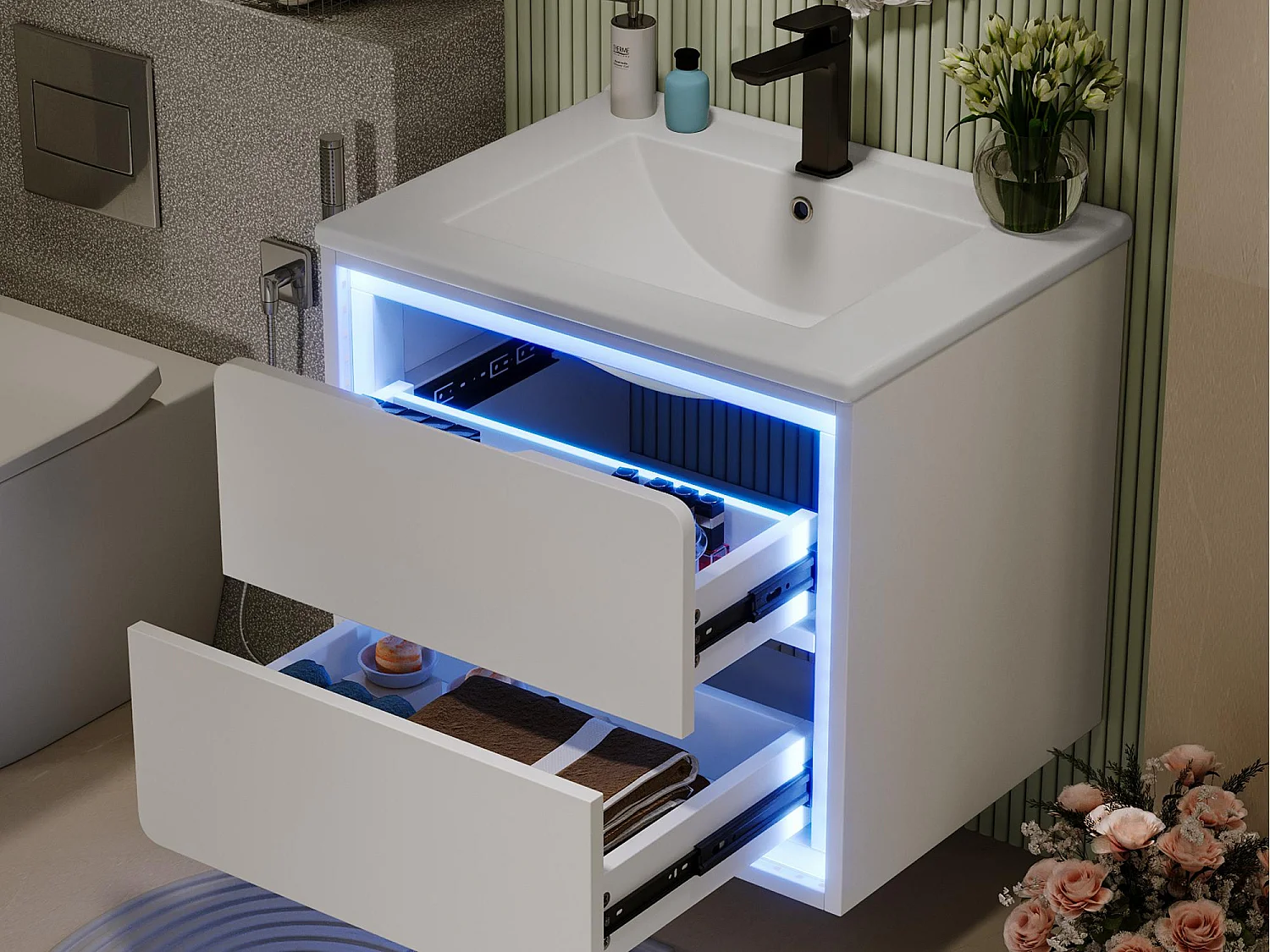 Podwieszane meble łazienkowe z ceramiczną umywalką - oświetlenie LED z czujnikiem radarowym - 2 szuflady - biały (bateria nie jest dołączona)