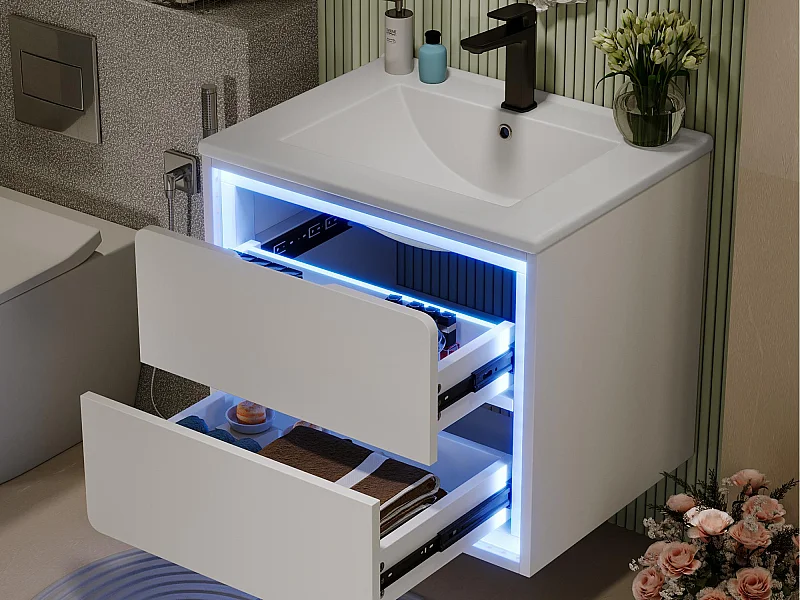 Meuble de salle de bain suspendus avec une vasque en céramique - éclairage LED par capteur radar - 2 tiroirs - blanc(robinet non inclus)