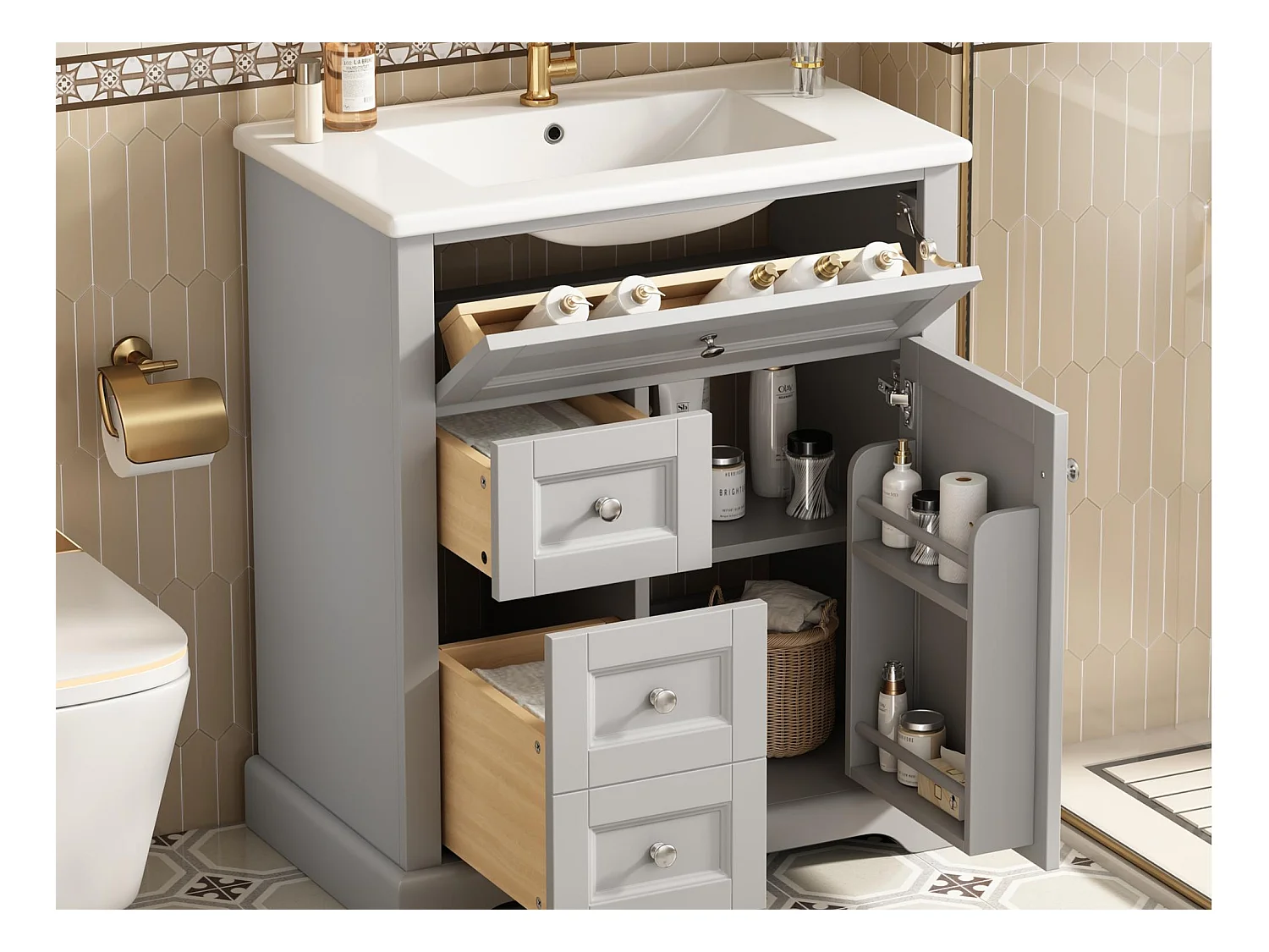 Meuble de salle de bain avec une vasque en céramique - avec 1 porte et 2 tiroirs - gris(robinet non inclus)