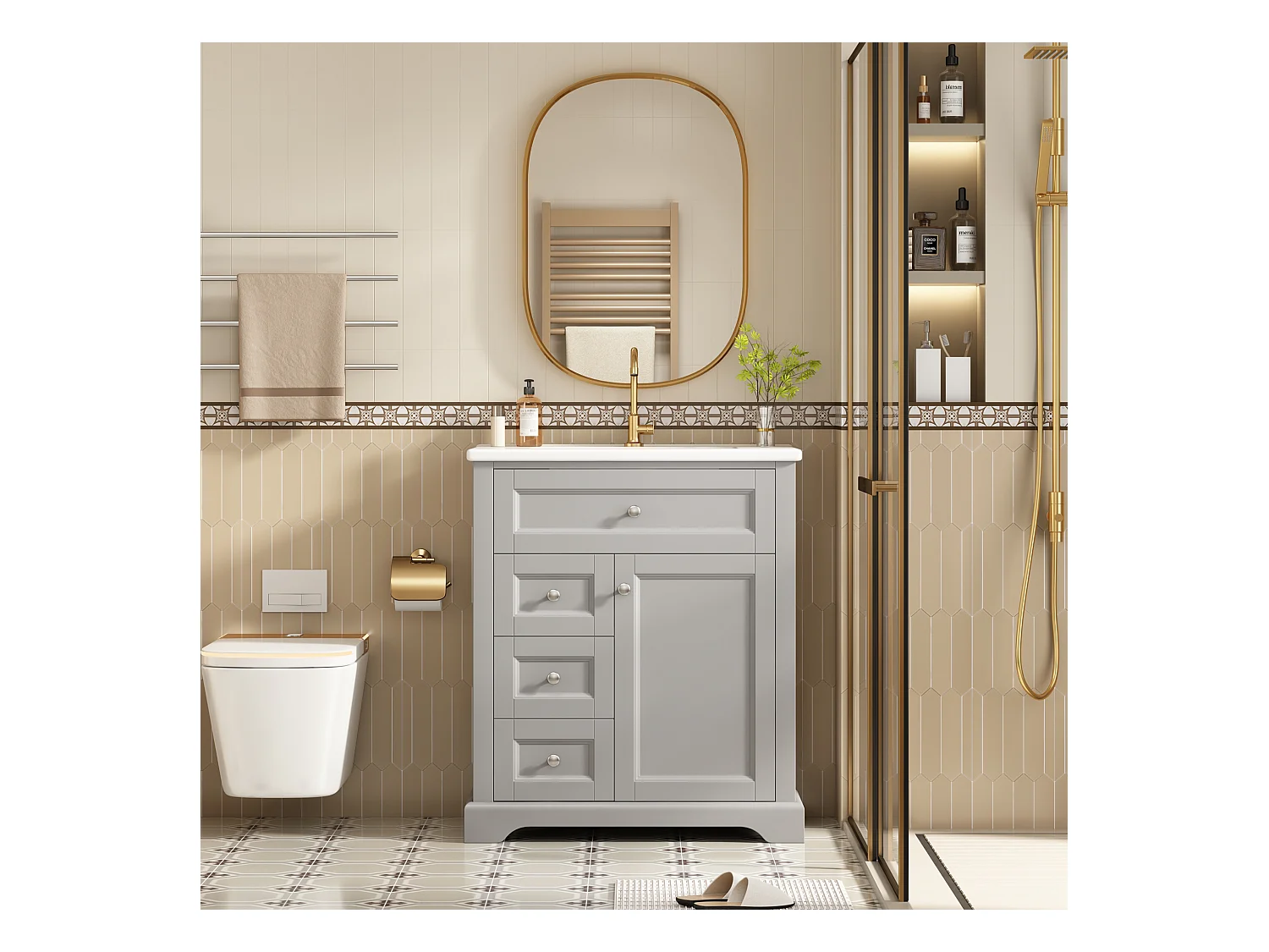 Meuble de salle de bain avec une vasque en céramique - avec 1 porte et 2 tiroirs - gris(robinet non inclus)