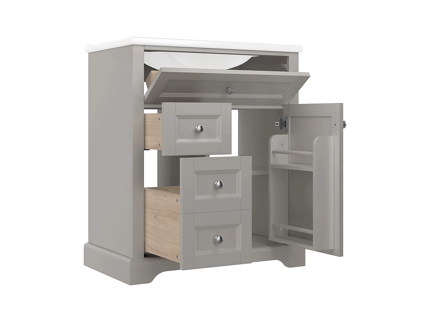 Meuble de salle de bain avec une vasque en céramique - avec 1 porte et 2 tiroirs - gris(robinet non inclus)