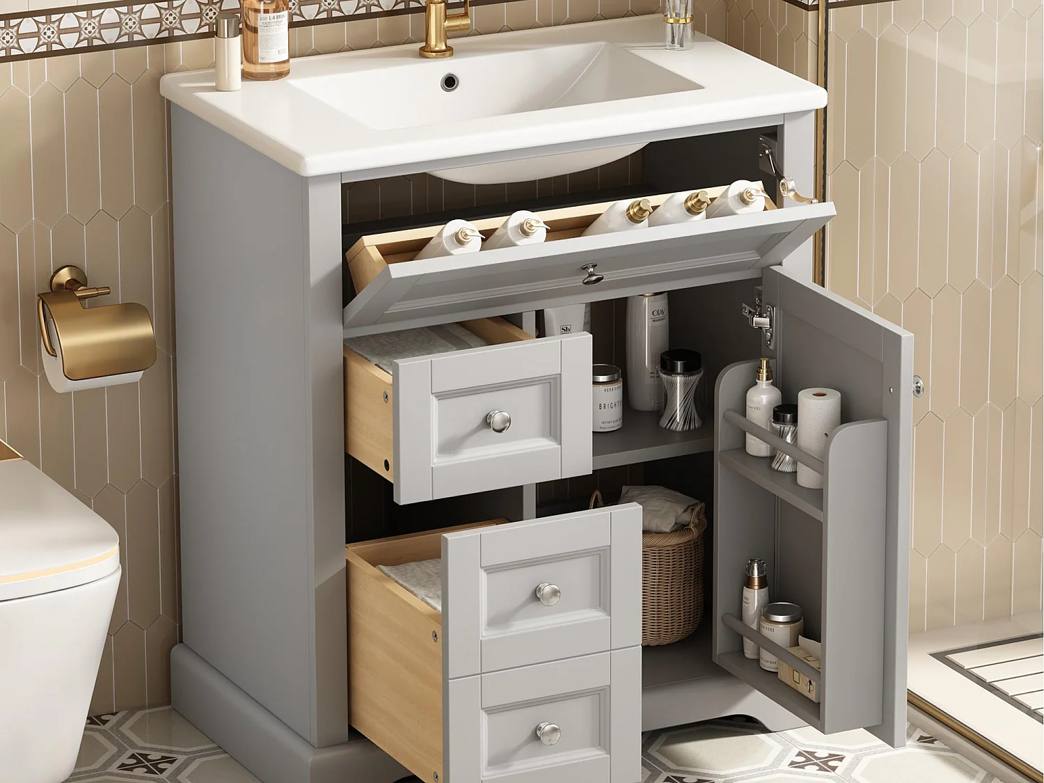 Meuble de salle de bain avec une vasque en céramique - avec 1 porte et 2 tiroirs - gris(robinet non inclus)