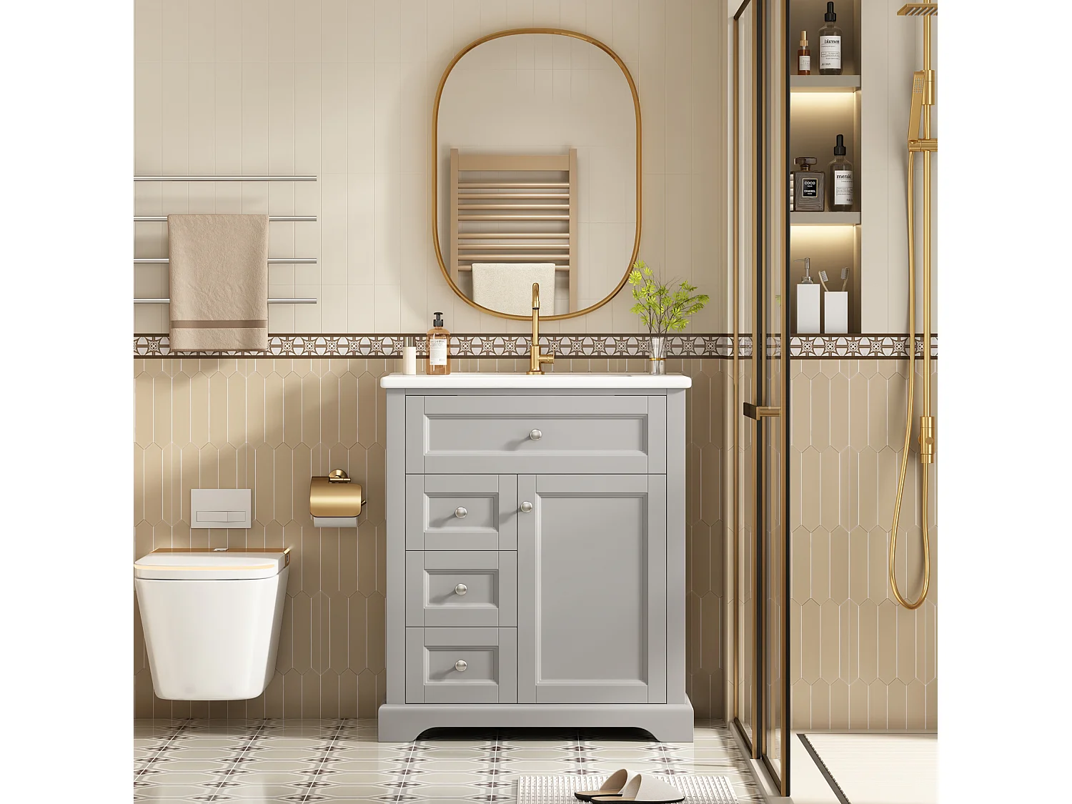 Meuble de salle de bain avec une vasque en céramique - avec 1 porte et 2 tiroirs - gris(robinet non inclus)