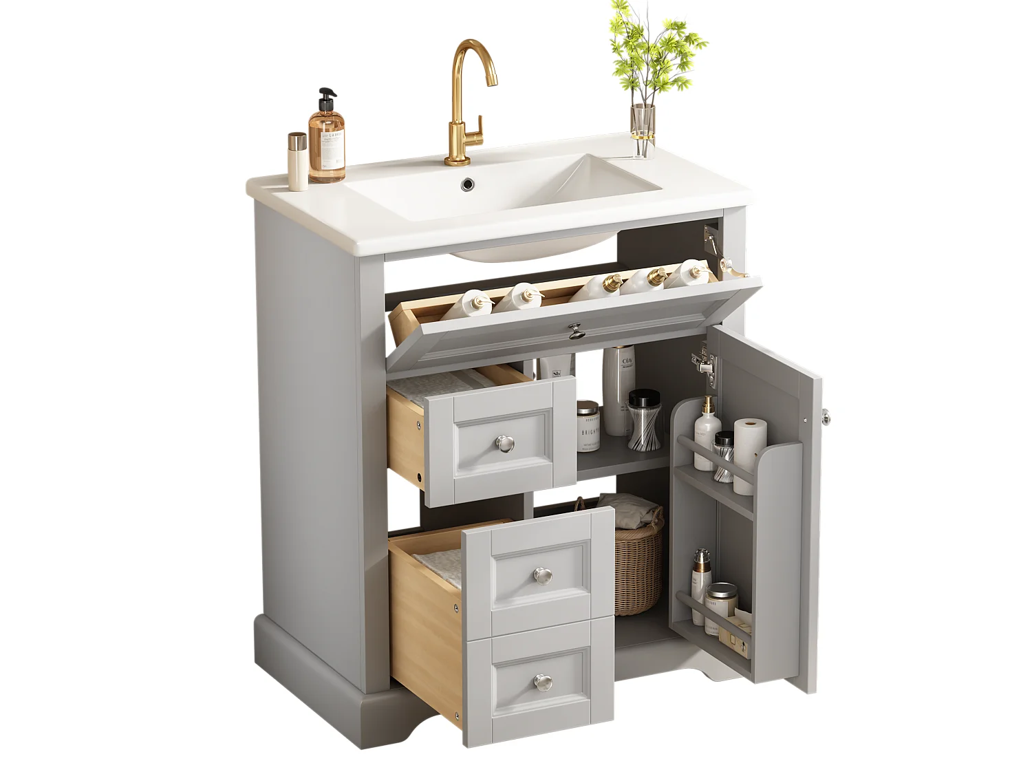 Meuble de salle de bain avec une vasque en céramique - avec 1 porte et 2 tiroirs - gris(robinet non inclus)