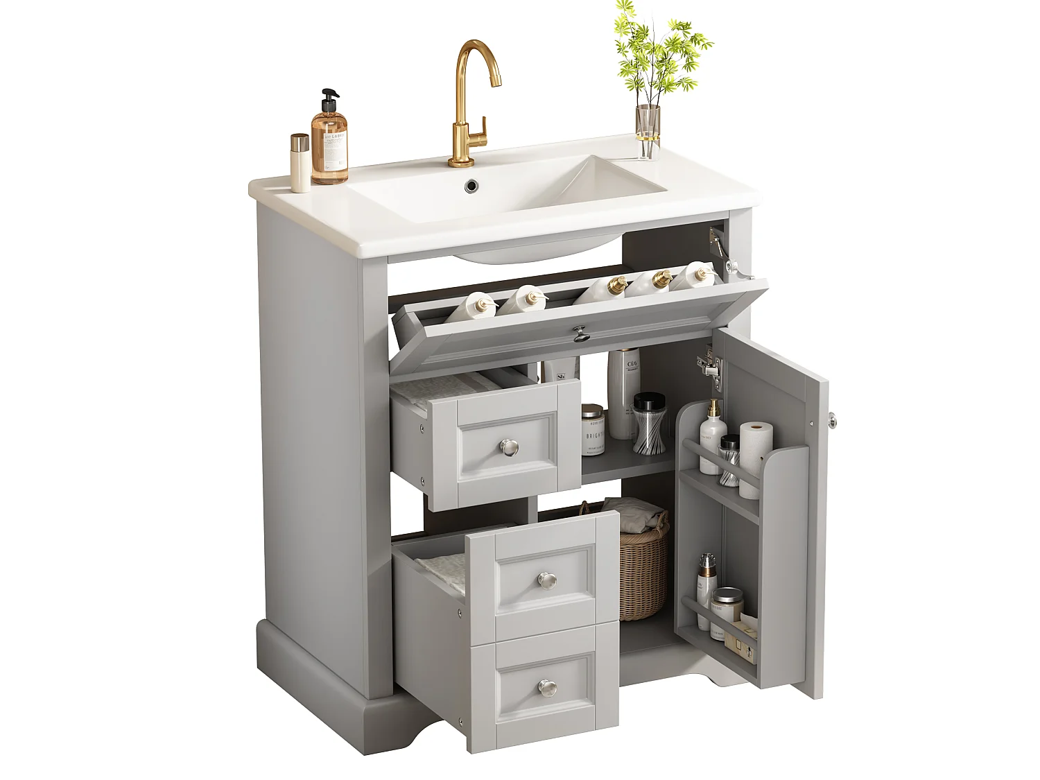 Meuble de salle de bain avec une vasque en céramique - avec 1 porte et 2 tiroirs - gris(robinet non inclus)