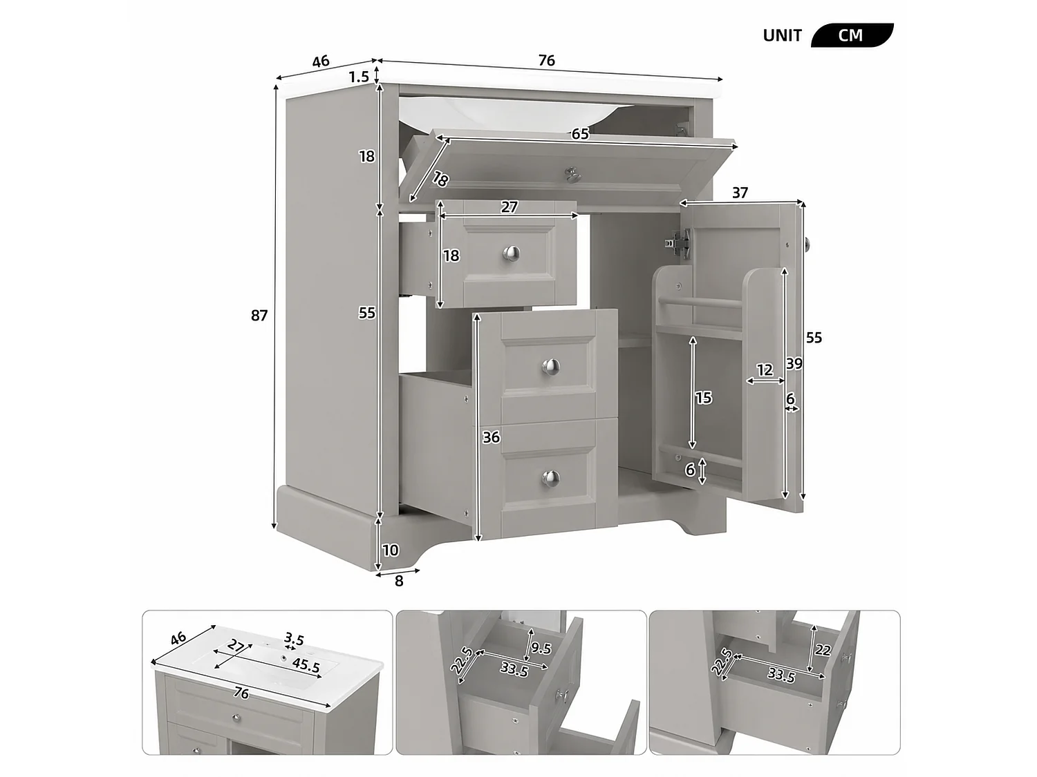 Meuble de salle de bain avec une vasque en céramique - avec 1 porte et 2 tiroirs - gris(robinet non inclus)
