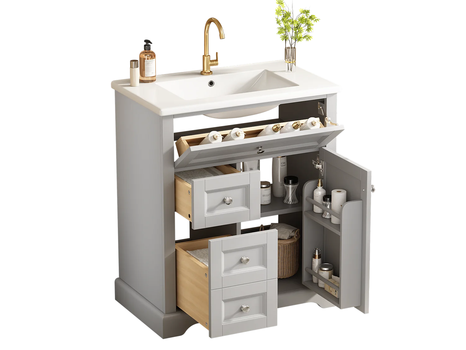 Badezimmerschrank mit Keramikwaschbecken - 1 Tür und 2 Schubladen - grau (Armatur nicht enthalten)