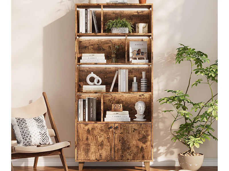 Bücherregal 80×30×173 cm - farbwechselnde LED-Beleuchtung - 2 Türen - Aufbewahrungsfächer - braun