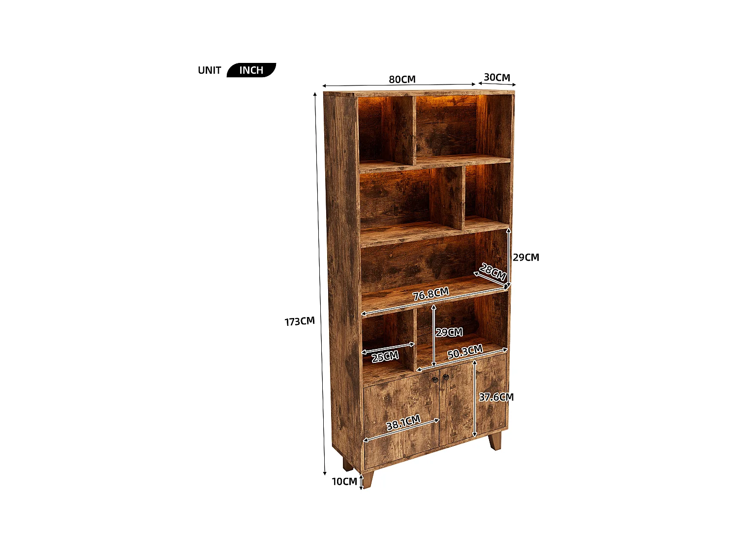 Bibliothèque 80x30x173cm - éclairage LED à changement de couleur - 2 portes - des compartiments de rangement - marron