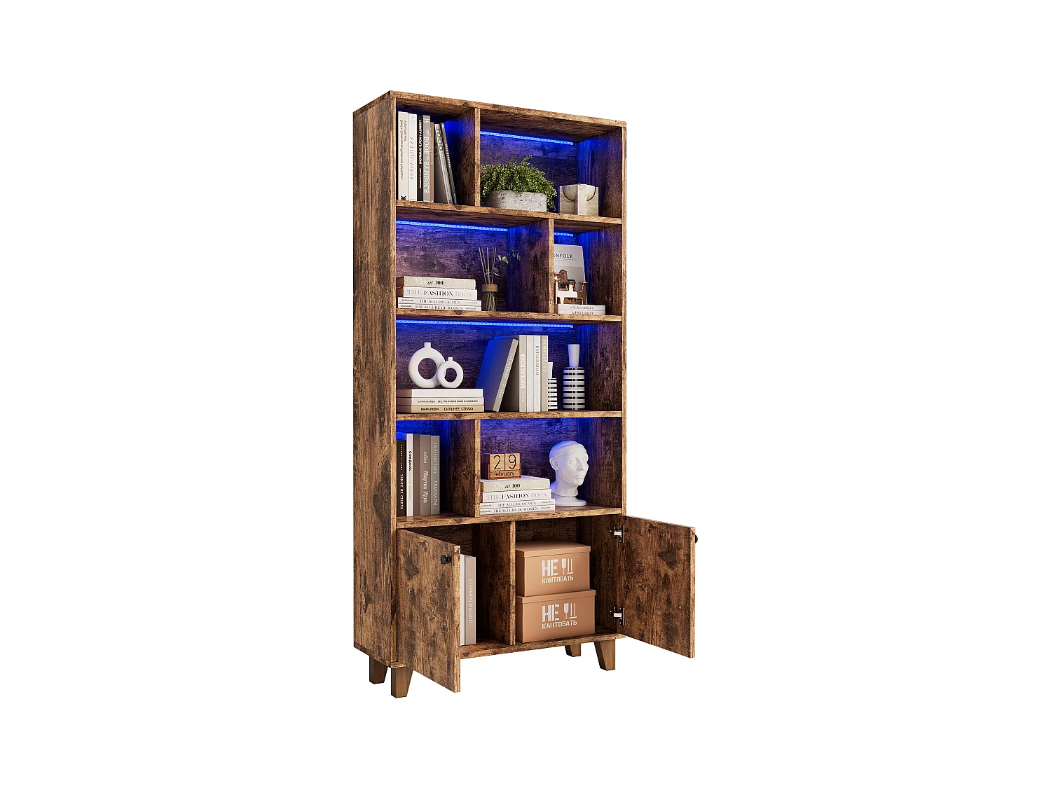 biblioteczka 80×30×173 cm - oświetlenie LED ze zmianą kolorów - 2 drzwi - przegródki przechowawcze - brązowy