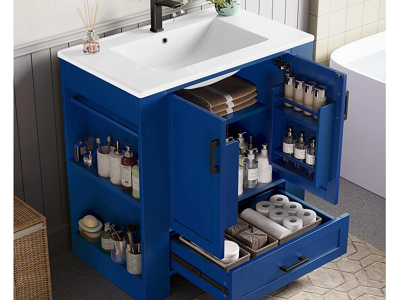 Badezimmerschrank mit Keramikwaschbecken - 2 Türen und 1 Schublade - Offene Regale - blau (Armatur nicht enthalten)