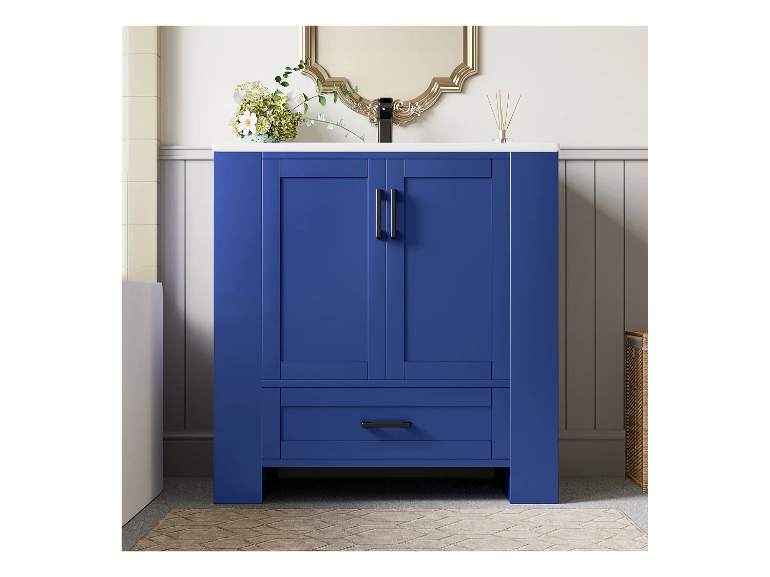 Meuble de salle de bain avec une vasque en céramique - avec 2 portes et 1 tiroir - Étagères ouvertes - bleu(robinet non inclus)