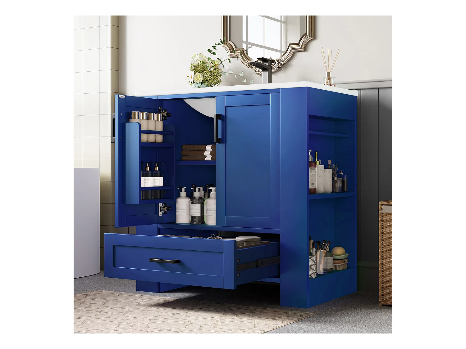 Meuble de salle de bain avec une vasque en céramique - avec 2 portes et 1 tiroir - Étagères ouvertes - bleu(robinet non inclus)