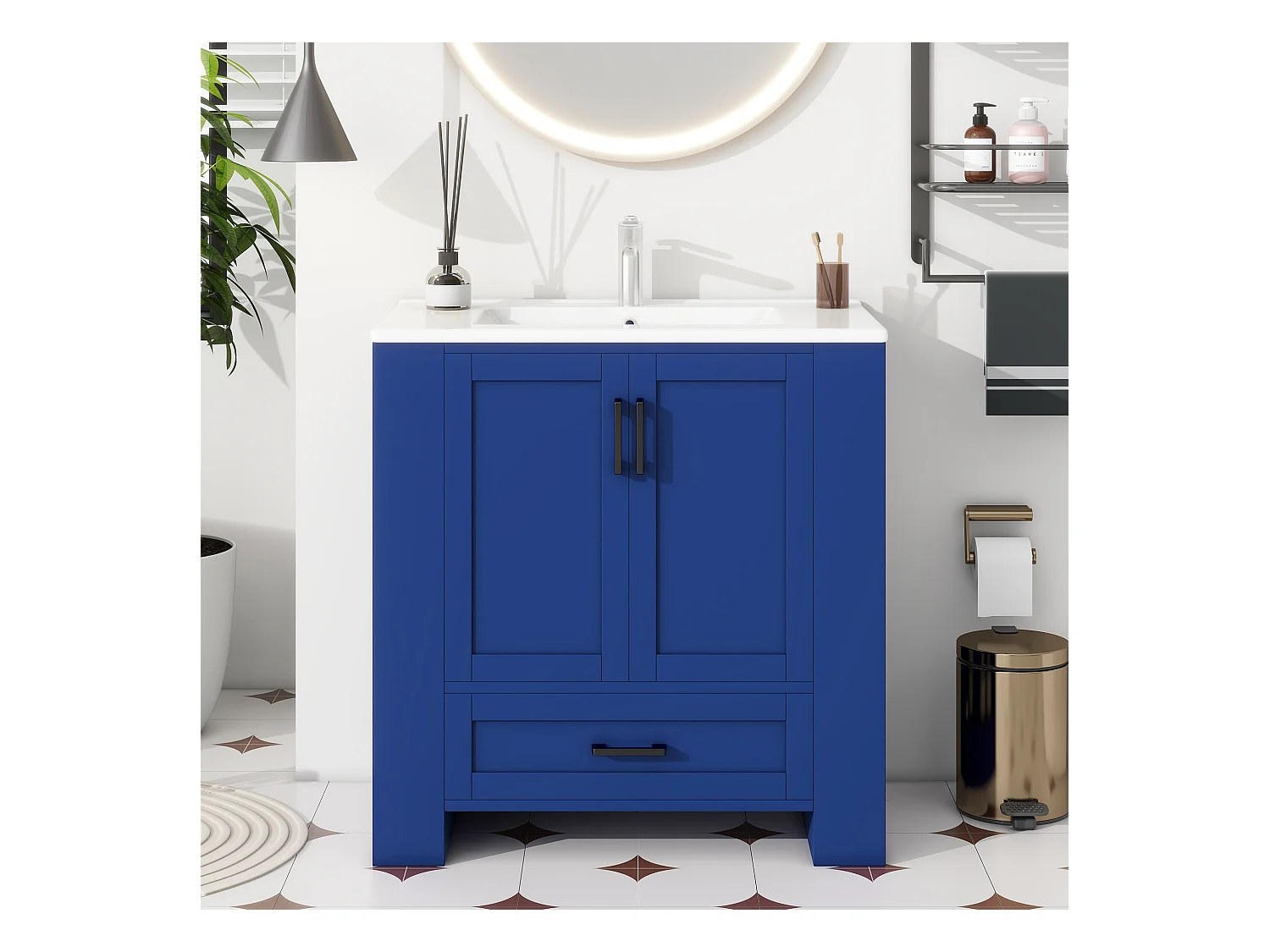 Meuble de salle de bain avec une vasque en céramique - avec 2 portes et 1 tiroir - Étagères ouvertes - bleu(robinet non inclus)