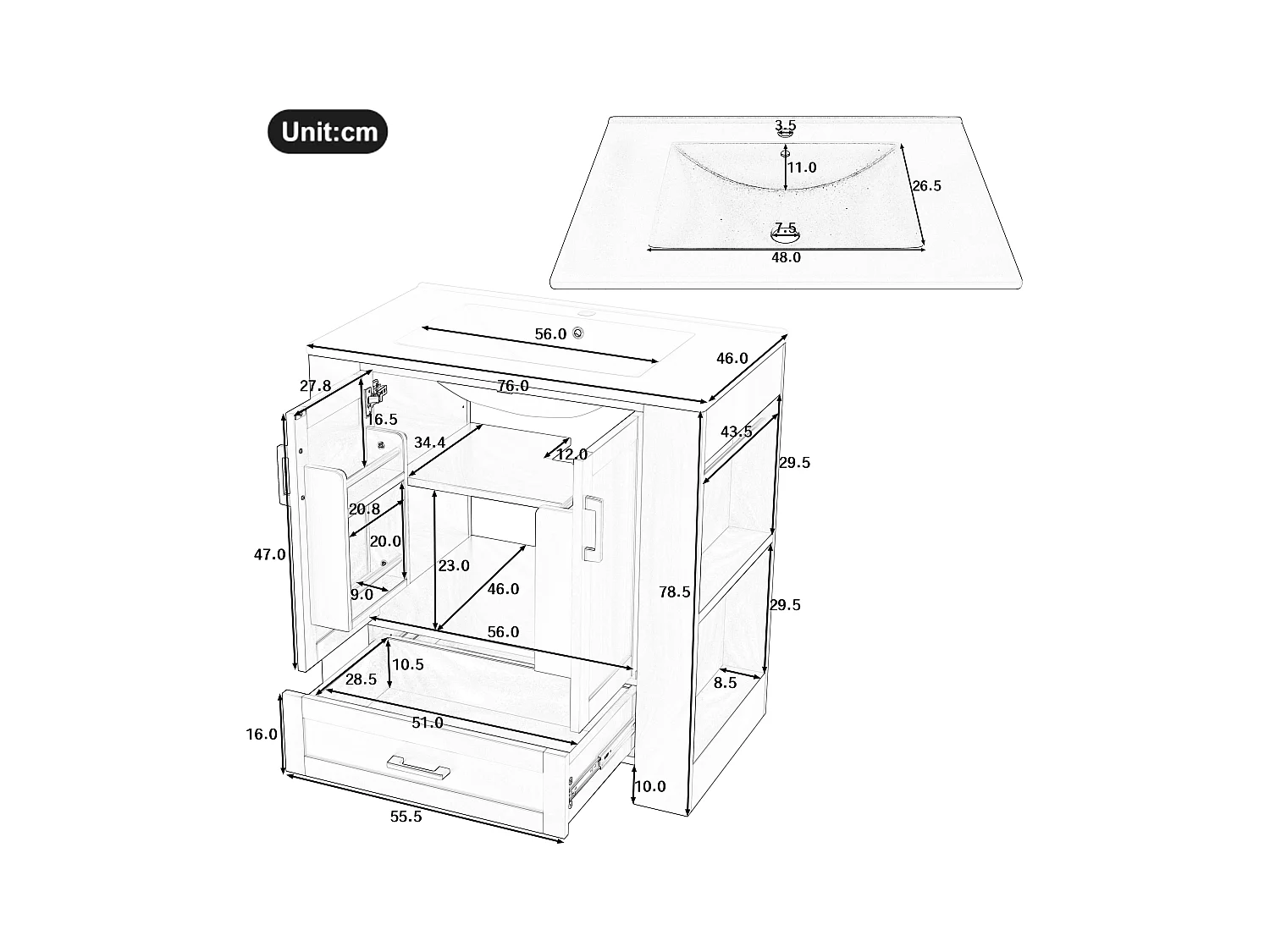 Meuble de salle de bain avec une vasque en céramique - avec 2 portes et 1 tiroir - Étagères ouvertes - bleu(robinet non inclus)