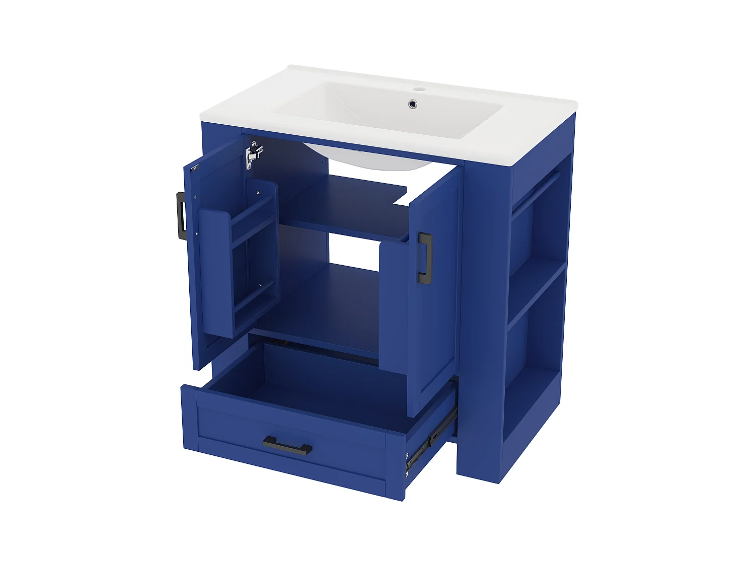 Meuble de salle de bain avec une vasque en céramique - avec 2 portes et 1 tiroir - Étagères ouvertes - bleu(robinet non inclus)