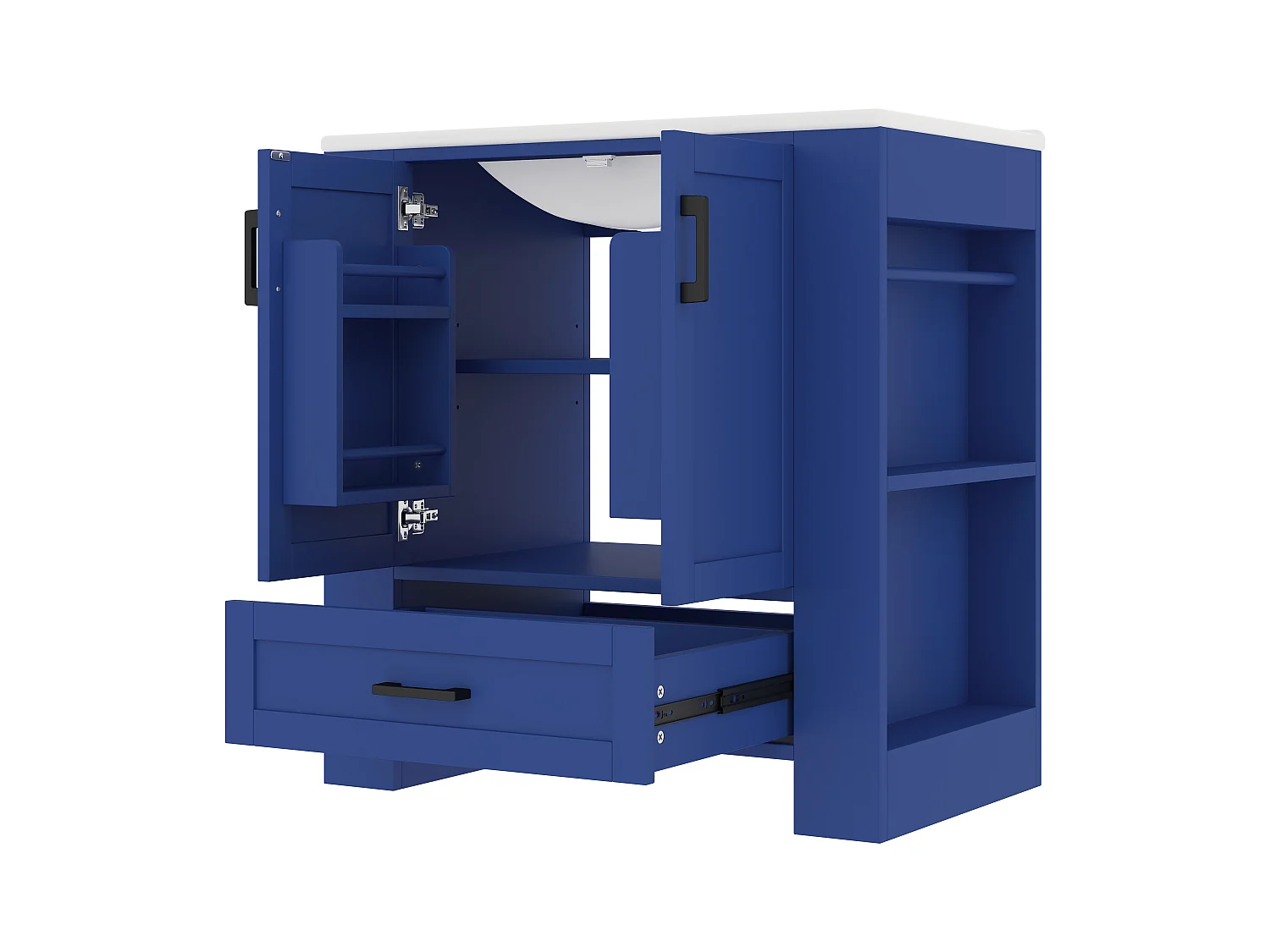 Meuble de salle de bain avec une vasque en céramique - avec 2 portes et 1 tiroir - Étagères ouvertes - bleu(robinet non inclus)