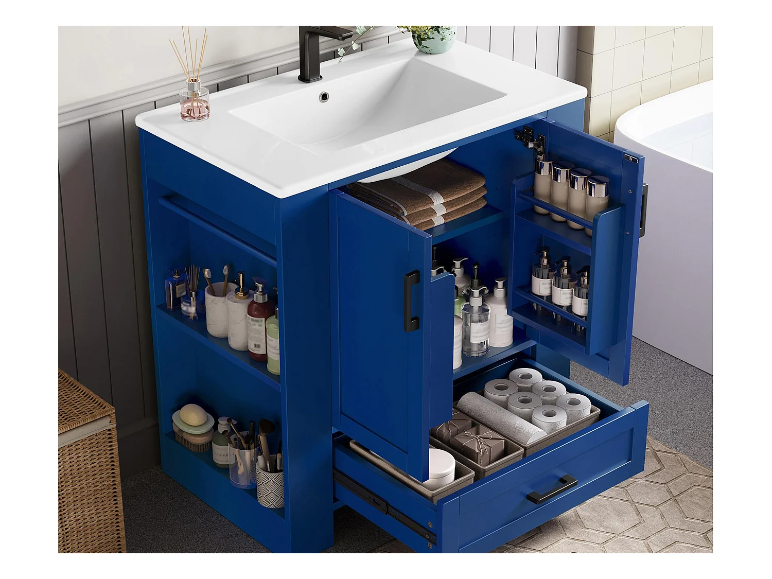 Meuble de salle de bain avec une vasque en céramique - avec 2 portes et 1 tiroir - Étagères ouvertes - bleu(robinet non inclus)