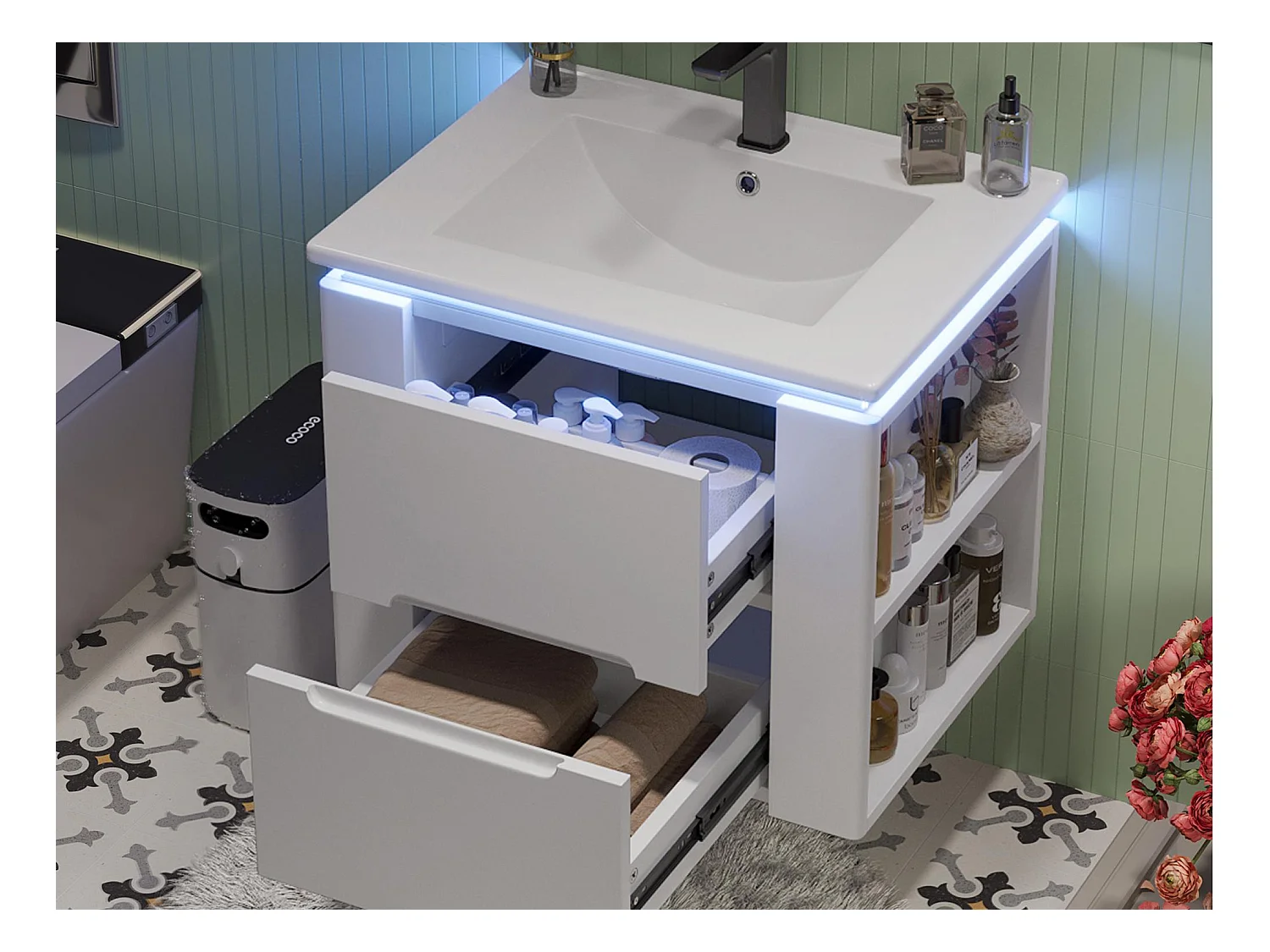 Meuble de salle de bain suspendus avec une vasque en céramique - avec LED - 2 tiroirs - 2 étagères latérales - blanc(robinet non inclus)