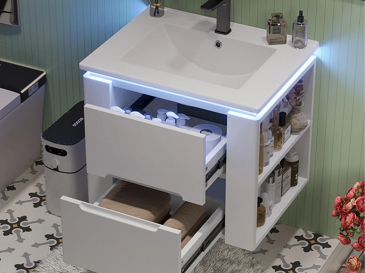 Meuble de salle de bain suspendus avec une vasque en céramique - avec LED - 2 tiroirs - 2 étagères latérales - blanc(robinet non inclus)