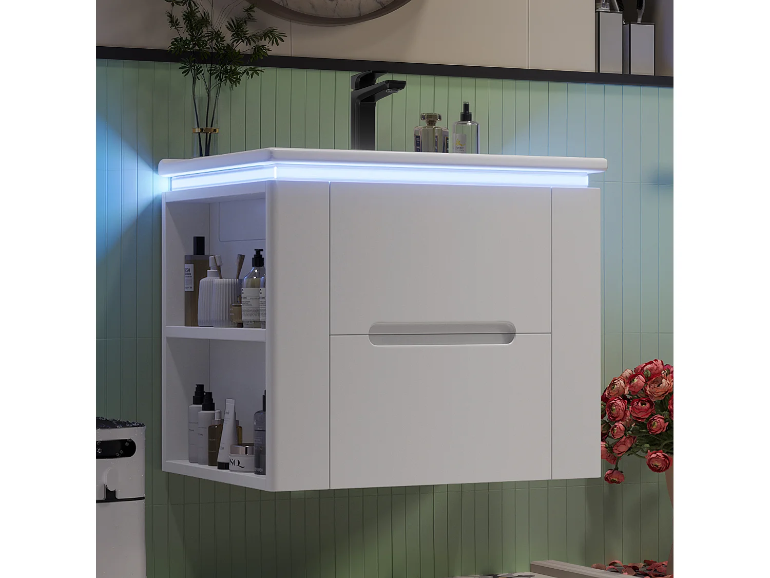 Meuble de salle de bain suspendus avec une vasque en céramique - avec LED - 2 tiroirs - 2 étagères latérales - blanc(robinet non inclus)