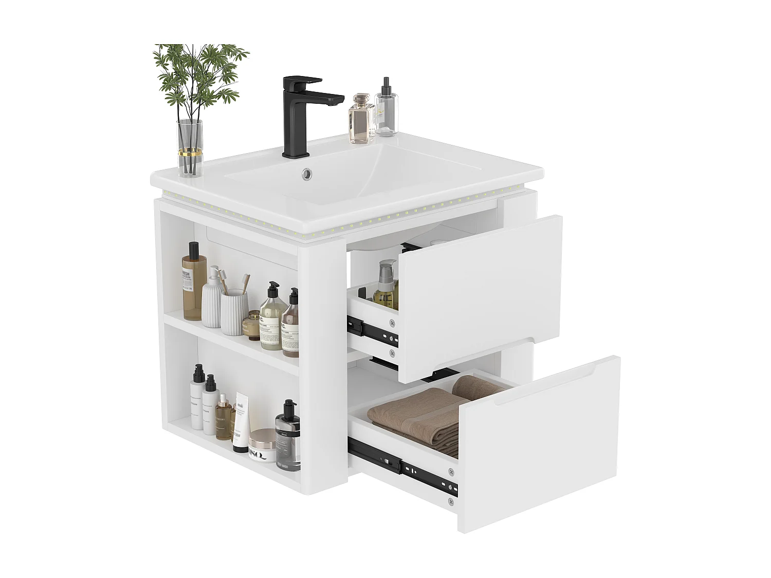 Meuble de salle de bain suspendus avec une vasque en céramique - avec LED - 2 tiroirs - 2 étagères latérales - blanc(robinet non inclus)