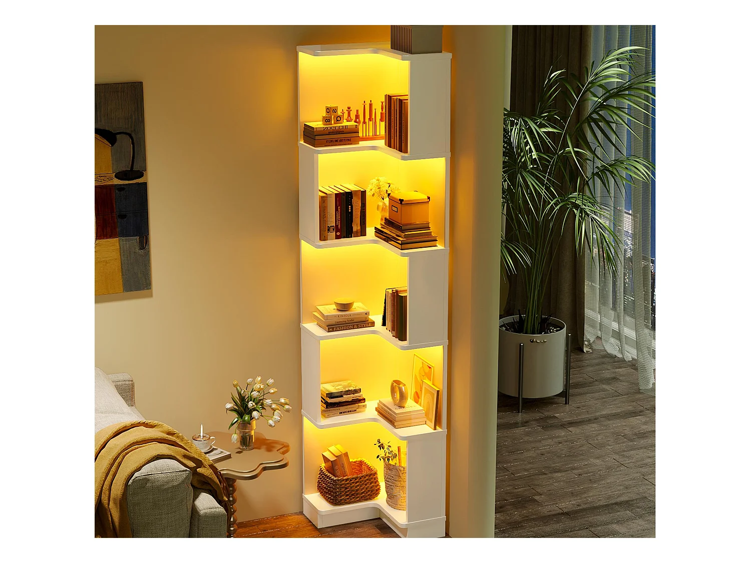 Bibliothèque 63.5x45x175cm - bande lumineuse LED à changement de couleur - espace de rangement à 5 niveaux - design d'angle - blanc