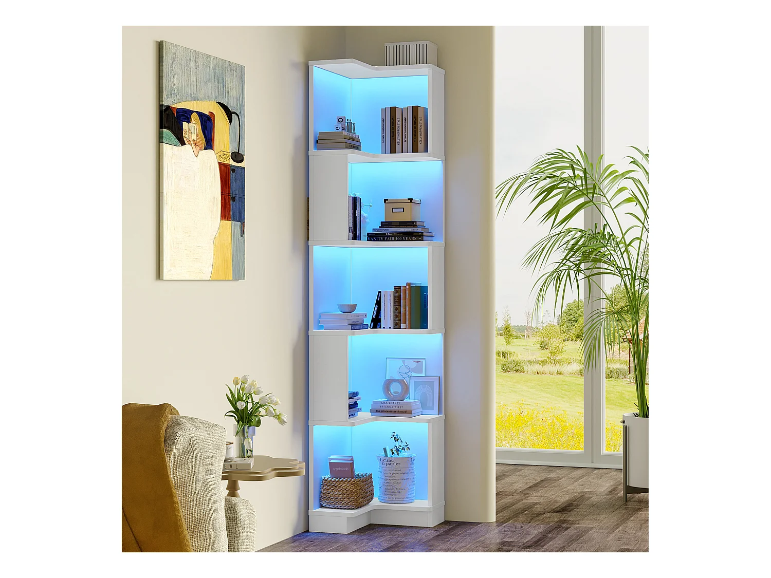 Bibliothèque 63.5x45x175cm - bande lumineuse LED à changement de couleur - espace de rangement à 5 niveaux - design d'angle - blanc
