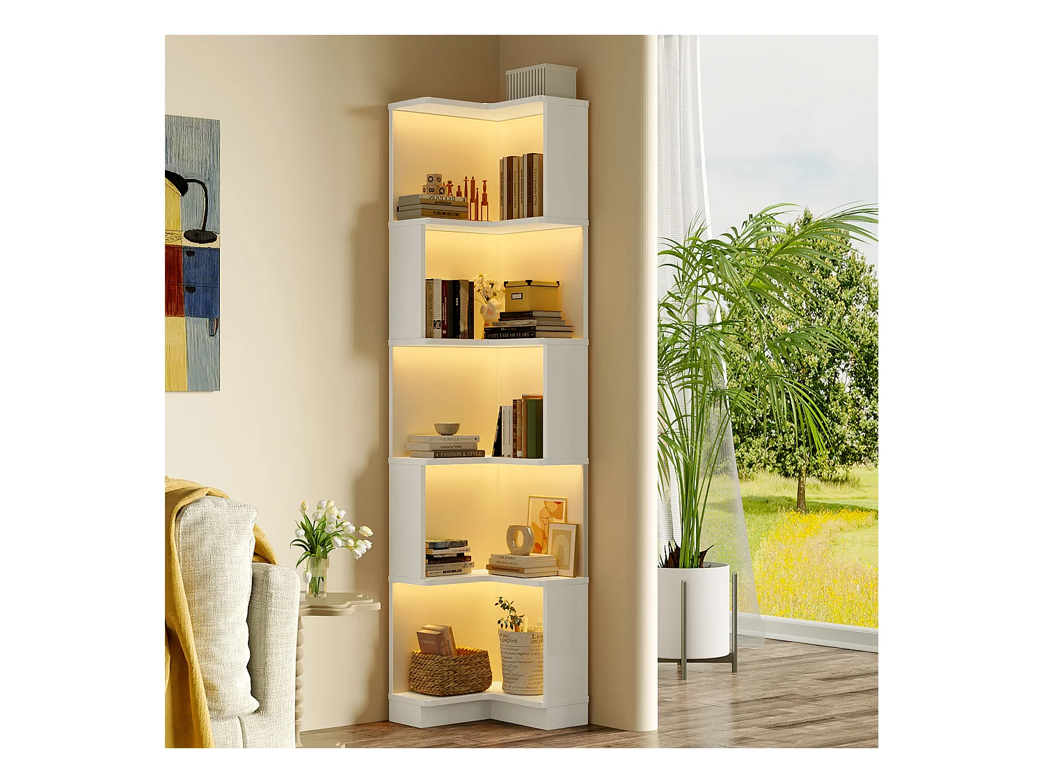 Bibliothèque 63.5x45x175cm - bande lumineuse LED à changement de couleur - espace de rangement à 5 niveaux - design d'angle - blanc