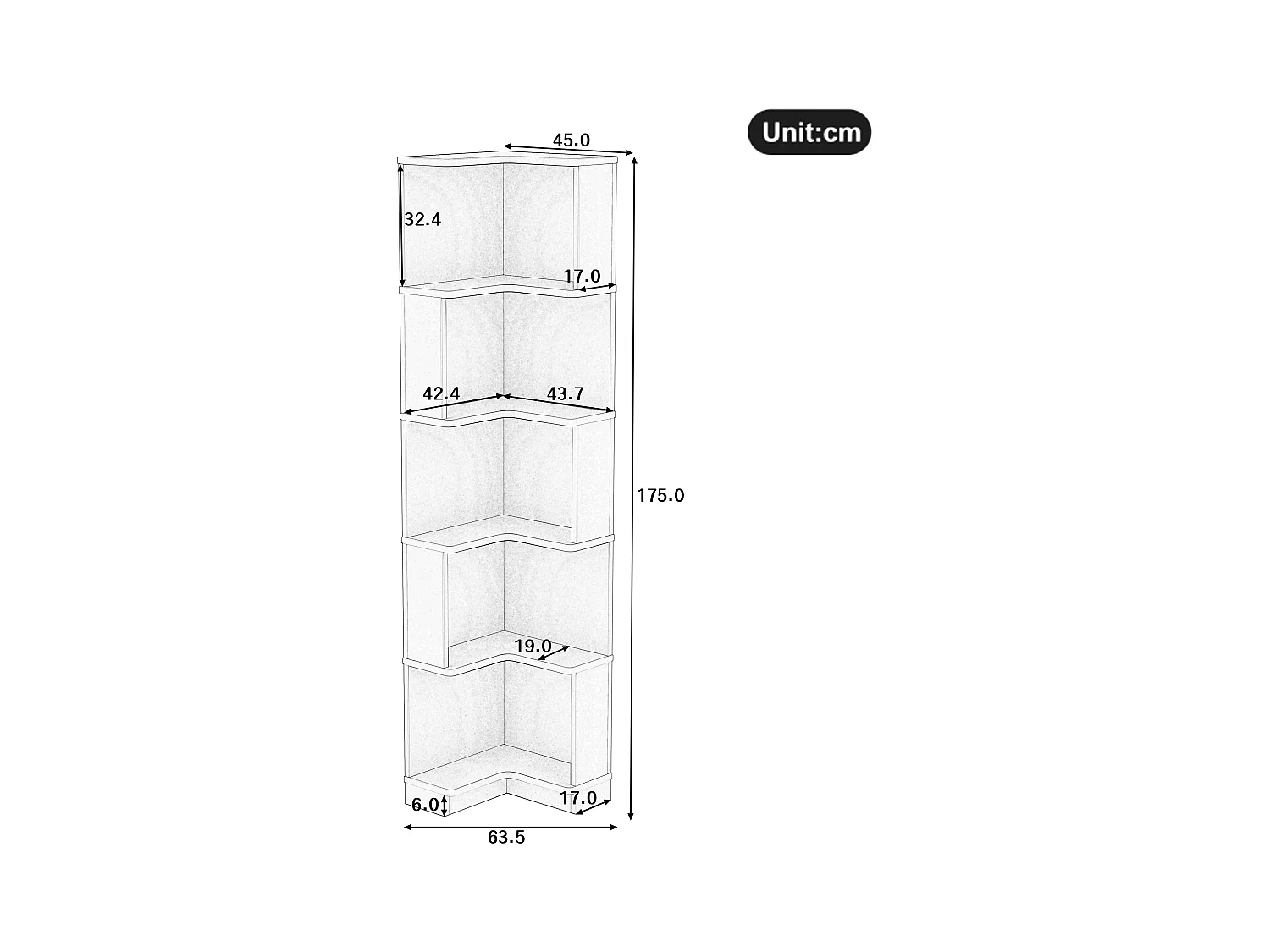 Bibliothèque 63.5x45x175cm - bande lumineuse LED à changement de couleur - espace de rangement à 5 niveaux - design d'angle - blanc