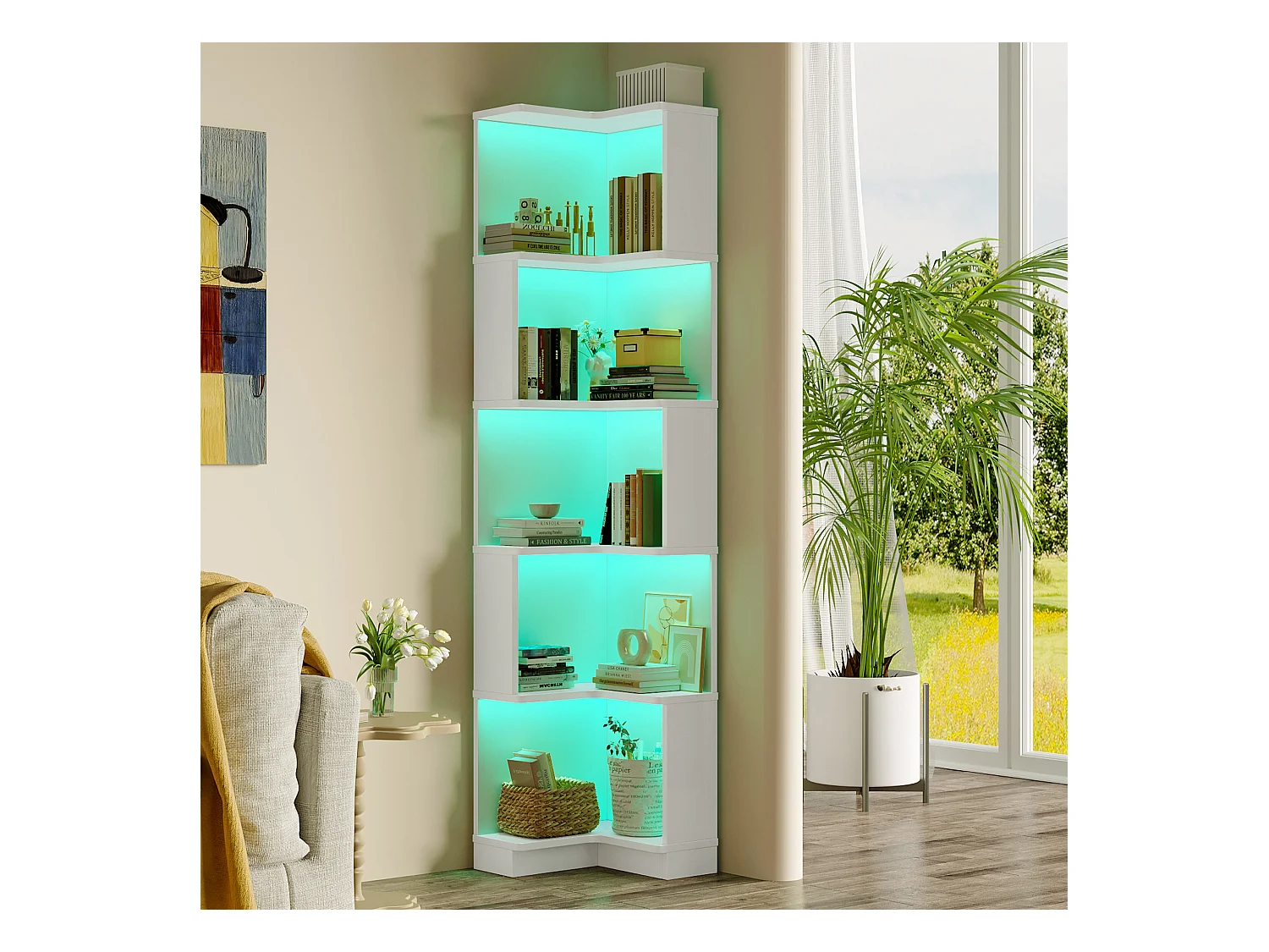 Bücherregal 63,5×45×175 cm - mehrfarbige LED-Leiste - 5 Aufbewahrungsebenen - Eckdesign - weiß