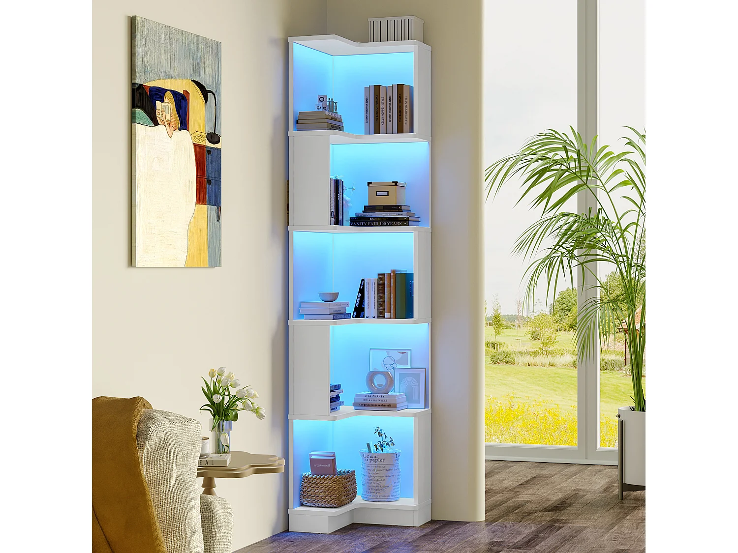 Bibliothèque 63.5x45x175cm - bande lumineuse LED à changement de couleur - espace de rangement à 5 niveaux - design d'angle - blanc
