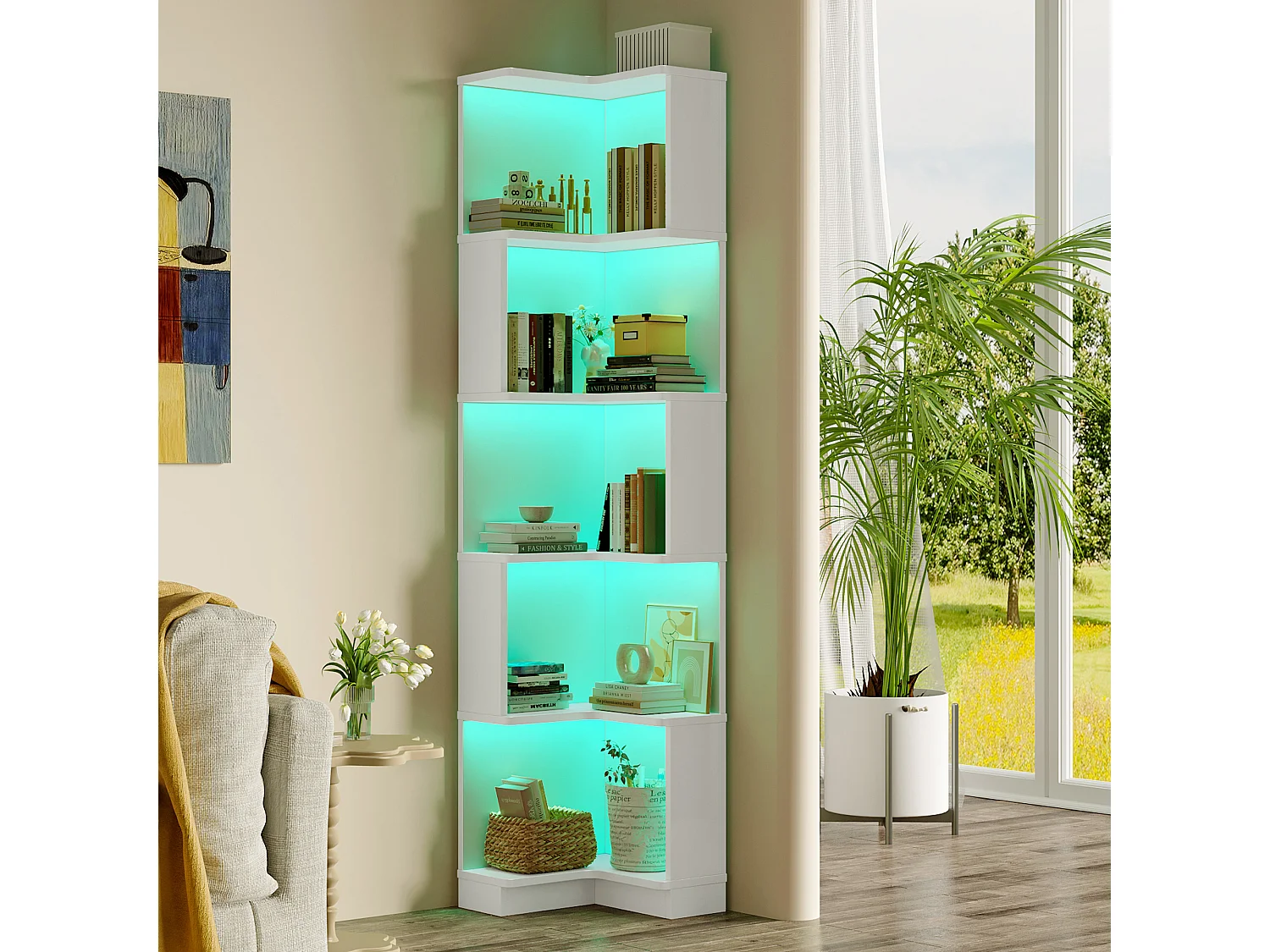 Bibliothèque 63.5x45x175cm - bande lumineuse LED à changement de couleur - espace de rangement à 5 niveaux - design d'angle - blanc