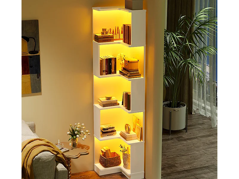 Bibliothèque 63.5x45x175cm - bande lumineuse LED à changement de couleur - espace de rangement à 5 niveaux - design d'angle - blanc