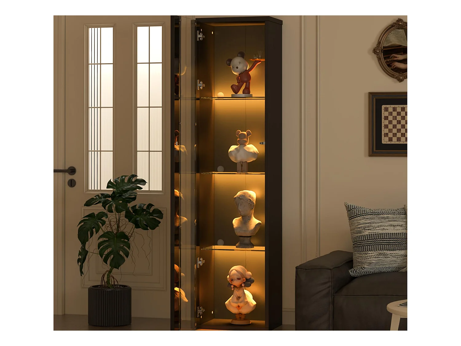 Vitrine 40x29x170cm - éclairage LED multicolore télécommandé - cloisons vitrées - noir