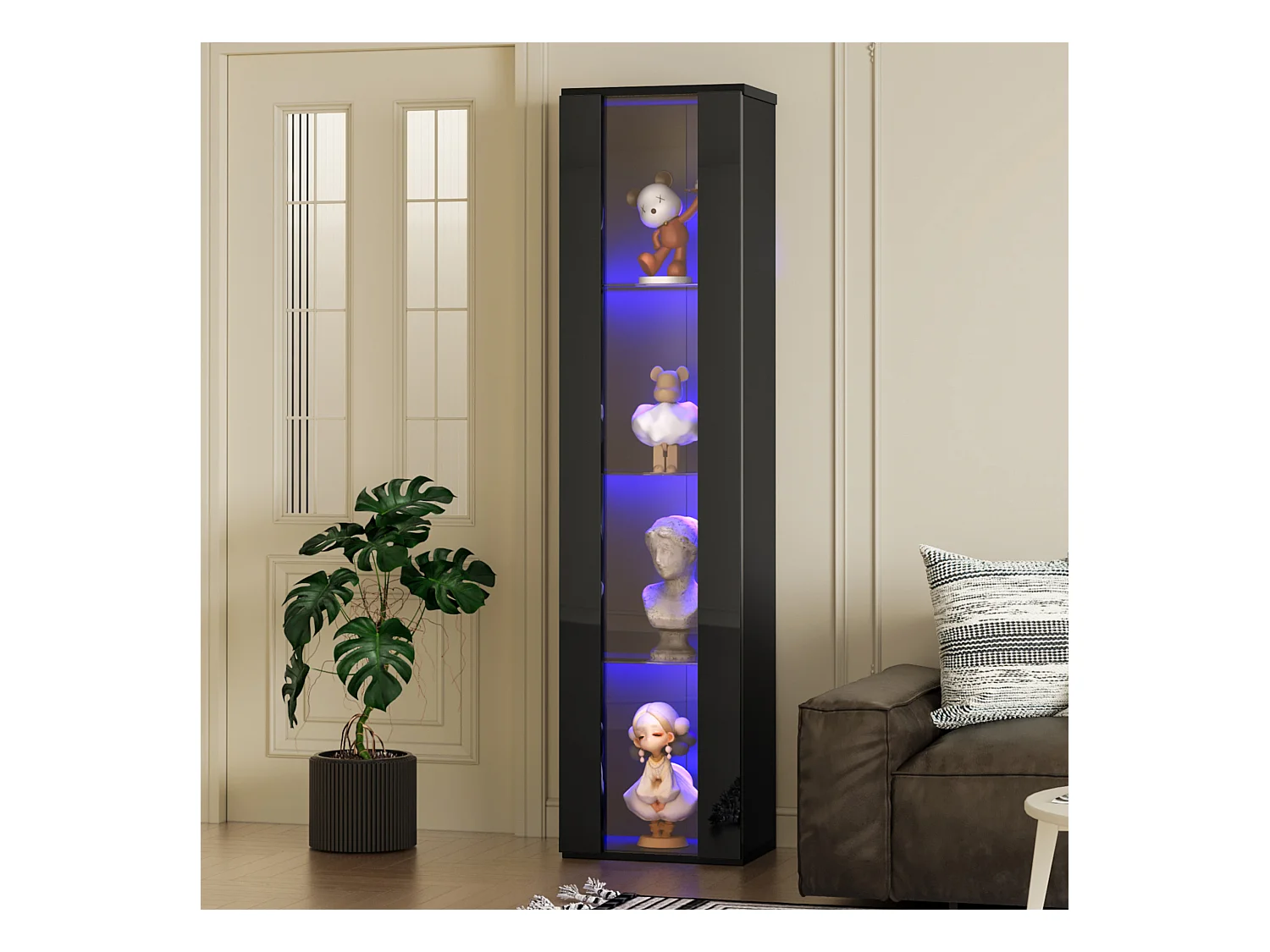 Vitrine 40x29x170cm - éclairage LED multicolore télécommandé - cloisons vitrées - noir