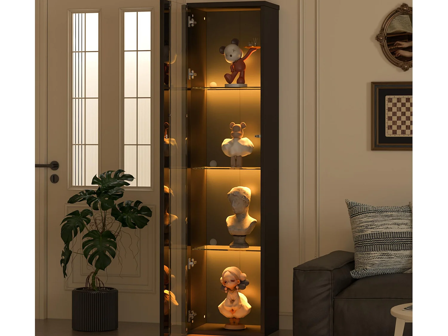 Vitrinekast 40×29×170 cm - afstandsbedienbare multicolor LED-verlichting - glazen schotten - zwart