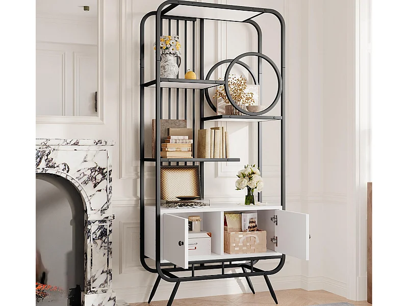 Modernes Metallregal 80×30×180 cm - Schrank mit 2 Türen - 3 Regalböden - runde Deko-Elemente - weiß + schwarz